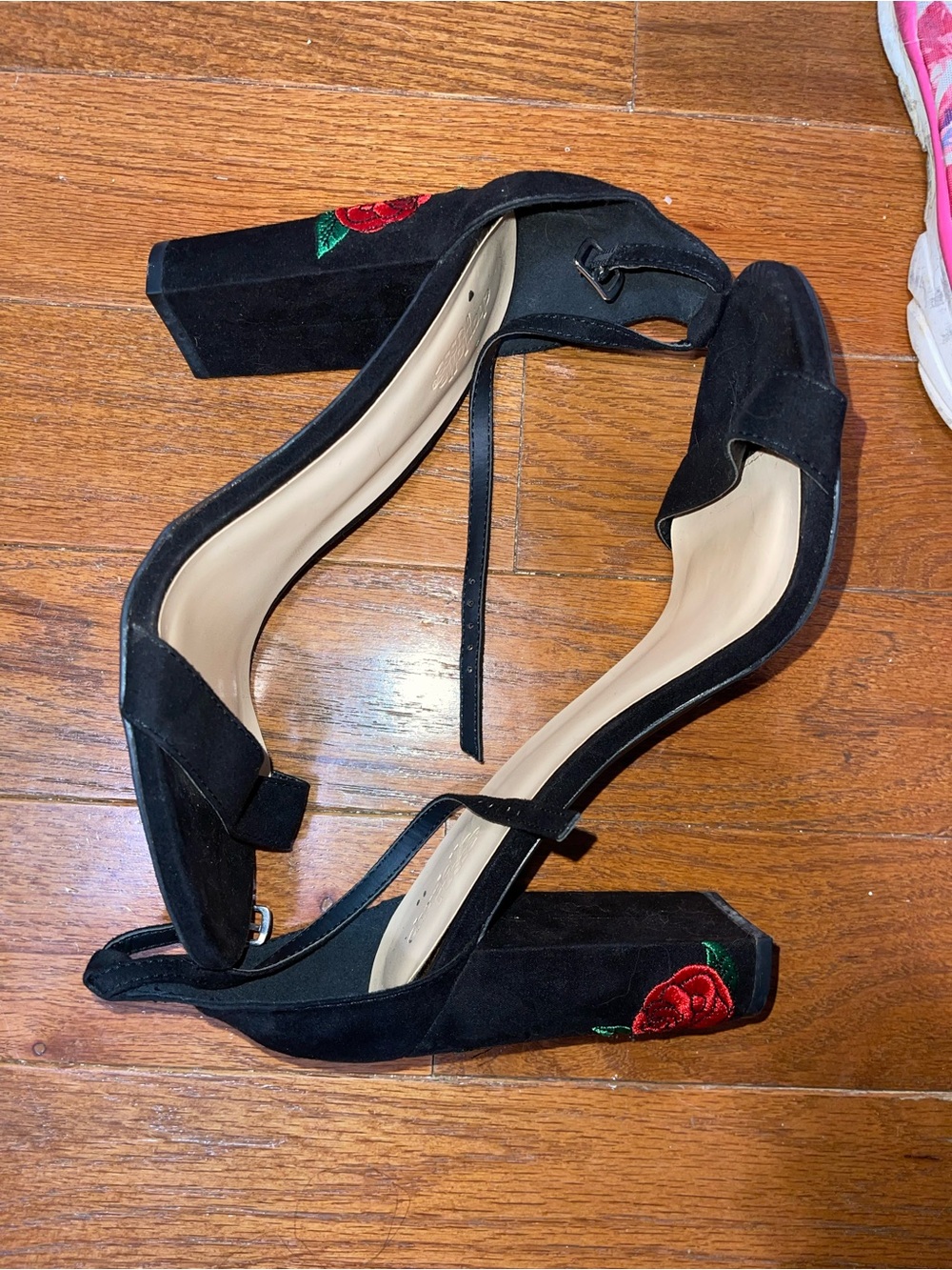 Charlotte Russe Black Suede Block Heels with Red Rose Embroidery